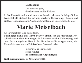 Traueranzeige von Marie Meiselbach von Thüringer Allgemeine