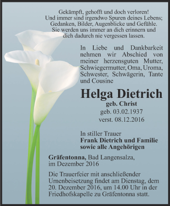 Traueranzeige von Helga Dietrich von Thüringer Allgemeine, Thüringische Landeszeitung