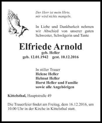 Traueranzeige von Elfriede Arnold von Thüringer Allgemeine, Thüringische Landeszeitung