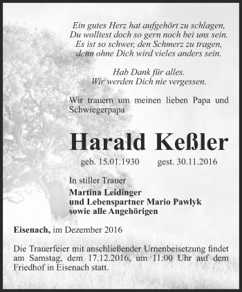 Traueranzeige von Harald Keßler von Thüringer Allgemeine, Thüringische Landeszeitung