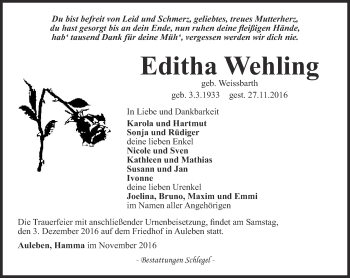 Traueranzeige von Editha Wehling von Thüringer Allgemeine