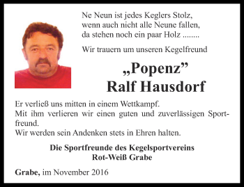 Traueranzeige von Ralf Hausdorf von Thüringer Allgemeine, Thüringische Landeszeitung