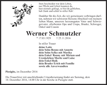 Traueranzeige von Werner Schmutzler von Ostthüringer Zeitung