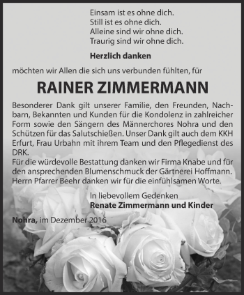 Traueranzeige von Rainer Zimmermann von Thüringer Allgemeine, Thüringische Landeszeitung
