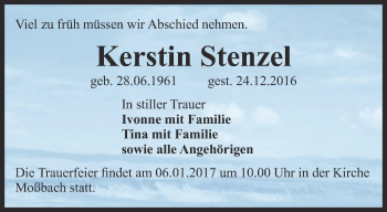 Traueranzeige von Kerstin Stenzel von Ostthüringer Zeitung