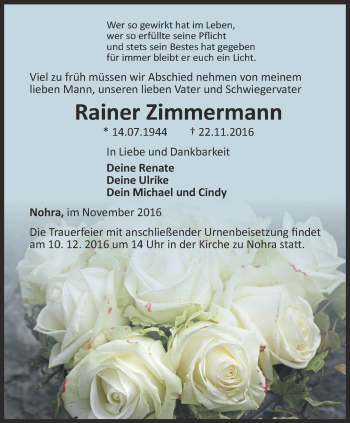 Traueranzeige von Rainer Zimmermann von Thüringer Allgemeine, Thüringische Landeszeitung