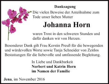 Traueranzeige von Johanna Horn von Ostthüringer Zeitung, Thüringische Landeszeitung