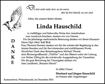 Traueranzeige von Linda Hauschild von Thüringer Allgemeine, Thüringische Landeszeitung