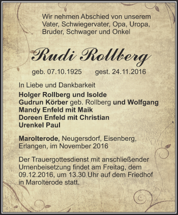 Traueranzeige von Rudi Rollberg von Thüringer Allgemeine, Thüringische Landeszeitung