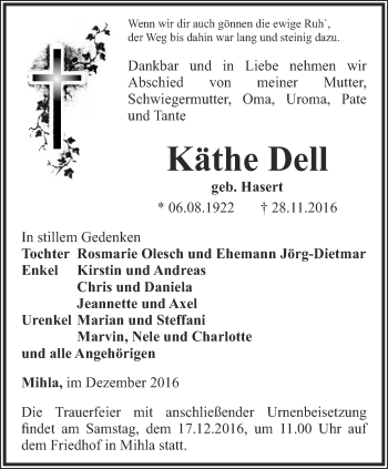 Traueranzeige von Käthe Dell von Thüringer Allgemeine, Thüringische Landeszeitung