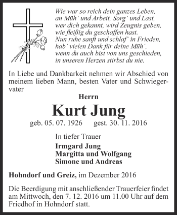 Traueranzeige von Kurt Jung von Ostthüringer Zeitung