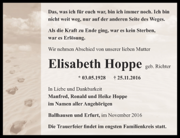 Traueranzeige von Elisabeth Hoppe von Thüringer Allgemeine, Thüringische Landeszeitung