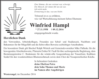 Traueranzeige von Winfried Hampl von Thüringer Allgemeine