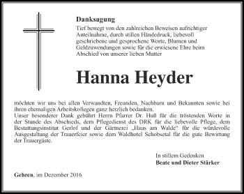 Traueranzeige von Hanna Heyder von Thüringer Allgemeine