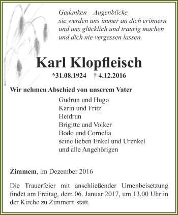 Traueranzeige von Karl Klopfleisch von Thüringer Allgemeine, Thüringische Landeszeitung