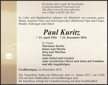 Traueranzeige von Paul Kuritz von Thüringer Allgemeine, Thüringische Landeszeitung