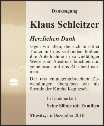 Traueranzeige von Klaus Schleitzer von Ostthüringer Zeitung