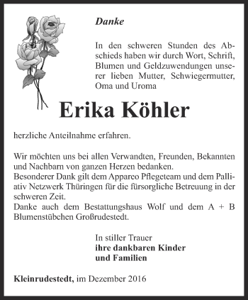 Traueranzeige von Erika Köhler von Thüringer Allgemeine