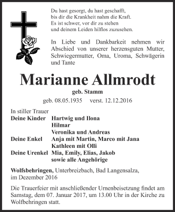 Traueranzeige von Marianne Allmrodt von Thüringer Allgemeine, Thüringische Landeszeitung