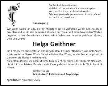Traueranzeige von Helga Geithner von Ostthüringer Zeitung