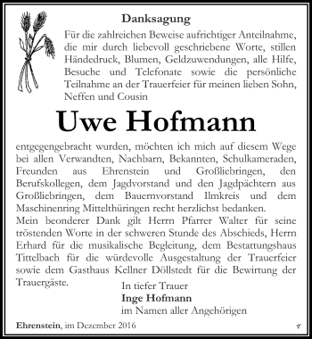 Traueranzeige von Uwe Hofmann von Thüringer Allgemeine