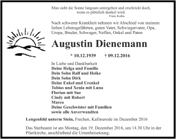 Traueranzeige von Augustin Dienemann von Thüringer Allgemeine, Thüringische Landeszeitung