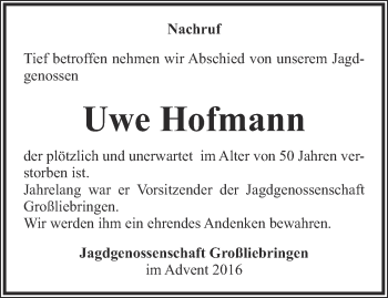 Traueranzeige von Uwe Hofmann von Thüringer Allgemeine