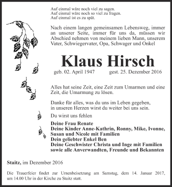 Traueranzeige von Klaus Hirsch von Ostthüringer Zeitung