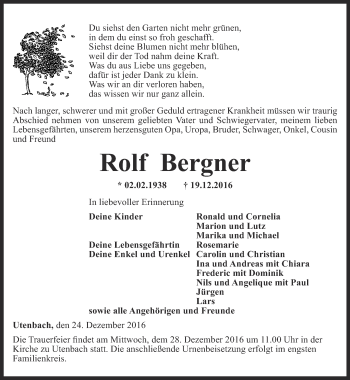 Traueranzeige von Rolf Bergner von Thüringer Allgemeine, Thüringische Landeszeitung