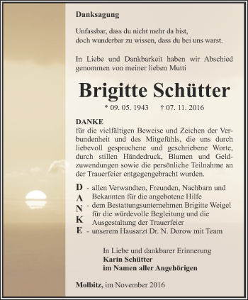 Traueranzeige von Brigitte Schütter von Ostthüringer Zeitung