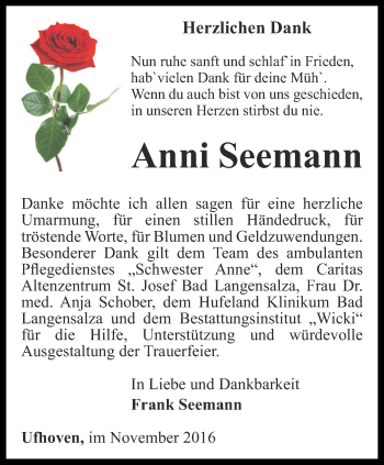 Traueranzeige von Anni Seemann von Thüringer Allgemeine, Thüringische Landeszeitung