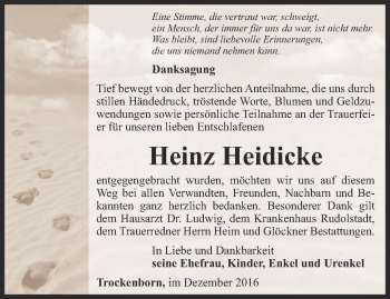 Traueranzeige von Heinz Heidicke von Ostthüringer Zeitung