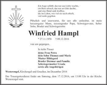 Traueranzeige von Winfried Hampl von Thüringer Allgemeine