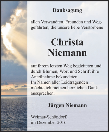 Traueranzeige von Christa Niemann von Thüringer Allgemeine, Thüringische Landeszeitung