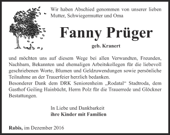 Traueranzeige von Fanny Prüger von Ostthüringer Zeitung