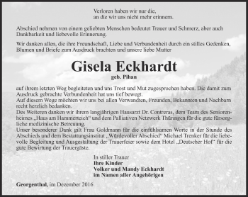 Traueranzeige von Gisela Eckhardt von Ostthüringer Zeitung, Thüringische Landeszeitung