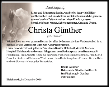 Traueranzeige von Christa Günther von Thüringer Allgemeine