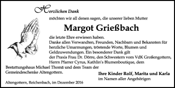 Traueranzeige von Margot Grießbach von Thüringer Allgemeine, Thüringische Landeszeitung