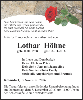 Traueranzeige von Lothar Höhne von Thüringer Allgemeine, Thüringische Landeszeitung