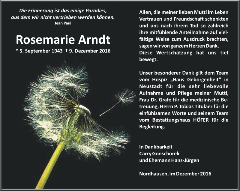  Traueranzeige für Rosemarie Arndt vom 31.12.2016 aus Thüringer Allgemeine
