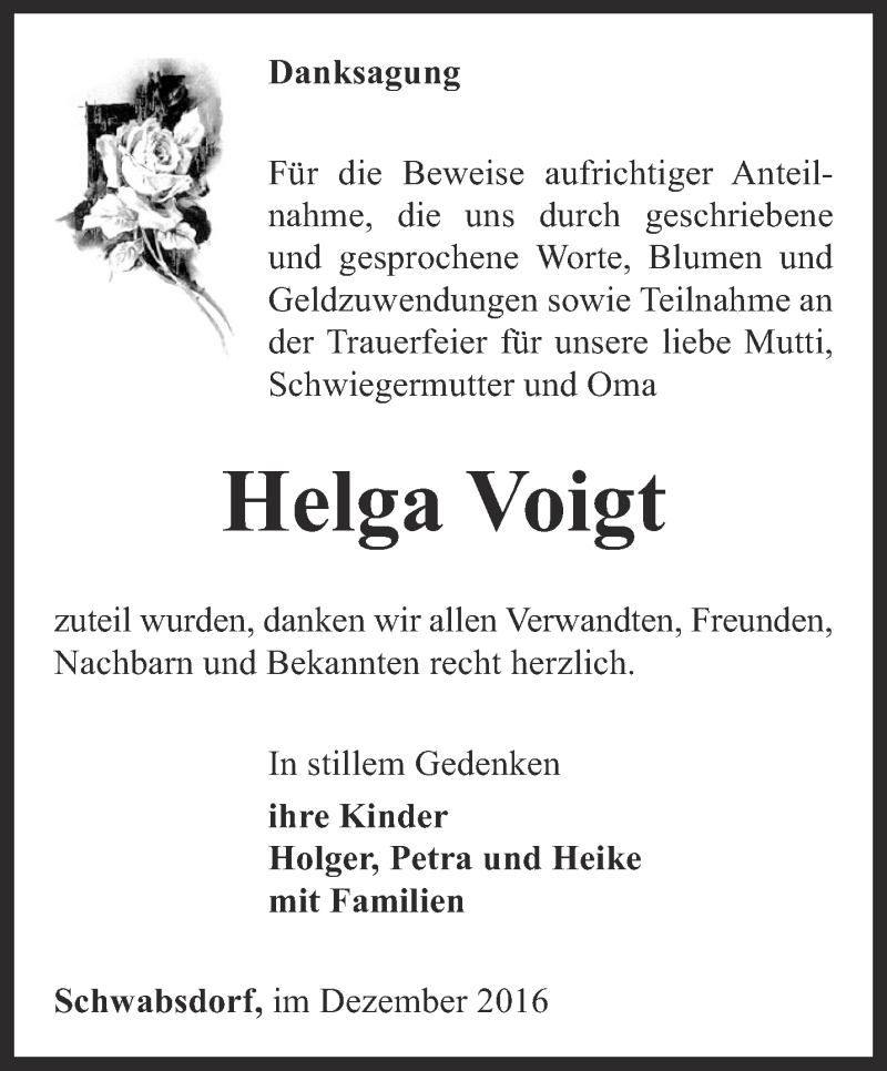  Traueranzeige für Helga Voigt vom 17.12.2016 aus Thüringer Allgemeine, Thüringische Landeszeitung