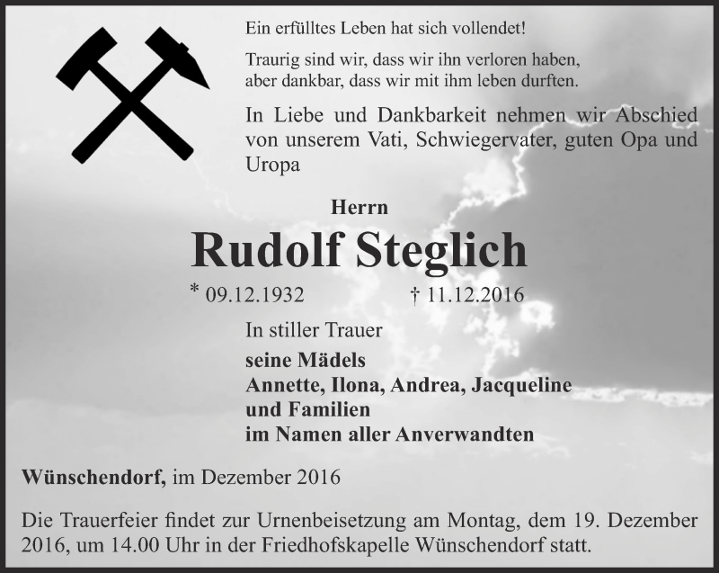  Traueranzeige für Rudolf Steglich vom 14.12.2016 aus Ostthüringer Zeitung