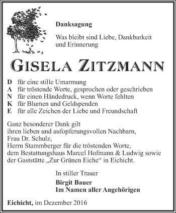 Traueranzeige von Gisela Zitzmann von Ostthüringer Zeitung