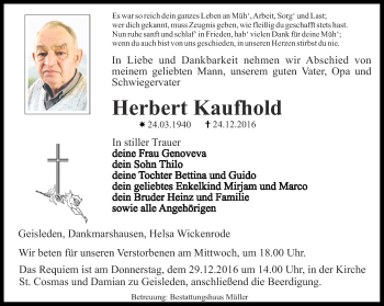 Traueranzeige von Herbert Kaufhold von Thüringer Allgemeine