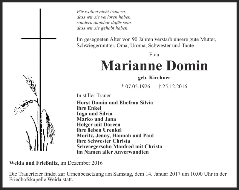  Traueranzeige für Marianne Domin vom 31.12.2016 aus Ostthüringer Zeitung