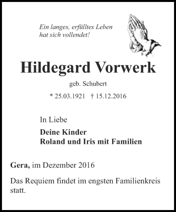 Traueranzeige von Hildegard Vorwerk von Ostthüringer Zeitung