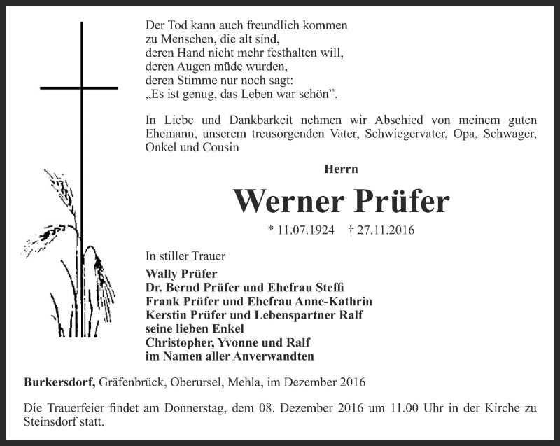  Traueranzeige für Werner Prüfer vom 03.12.2016 aus Ostthüringer Zeitung