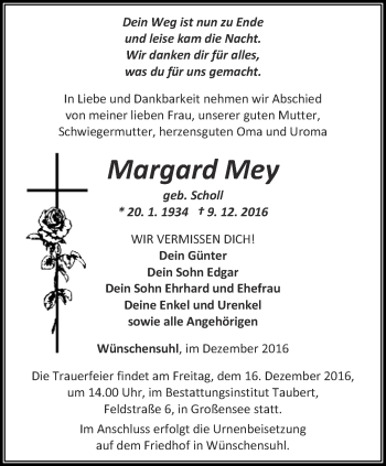 Traueranzeige von Margard Mey von Thüringer Allgemeine, Thüringische Landeszeitung