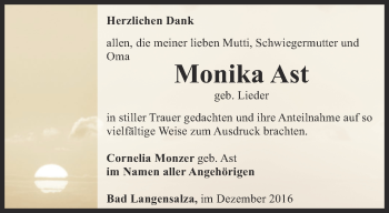 Traueranzeige von Monika Ast von Thüringer Allgemeine, Thüringische Landeszeitung