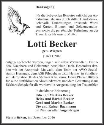 Traueranzeige von Lotti Becker von Thüringer Allgemeine